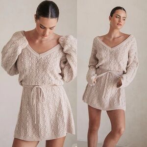 Beige Knit V-Neck Dress